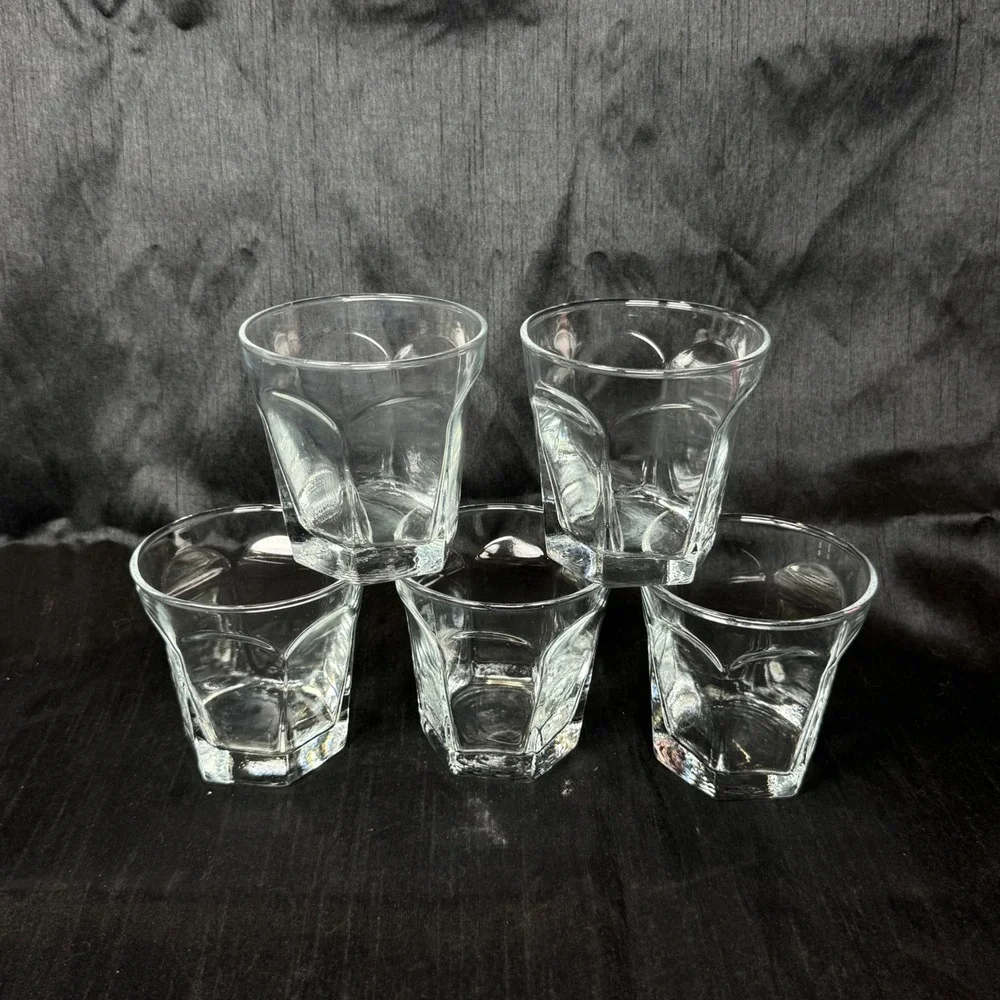 Vintage Anchor Hocking Courtney Set of 5 Glasses Hexagon Paneled Retro Barware